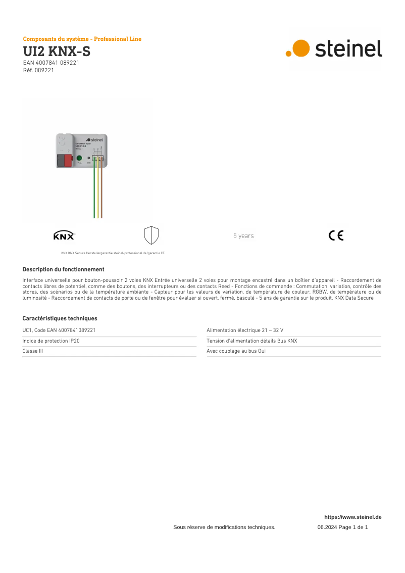 Page 1 de la notice Fiche technique Steinel UI2 KNX