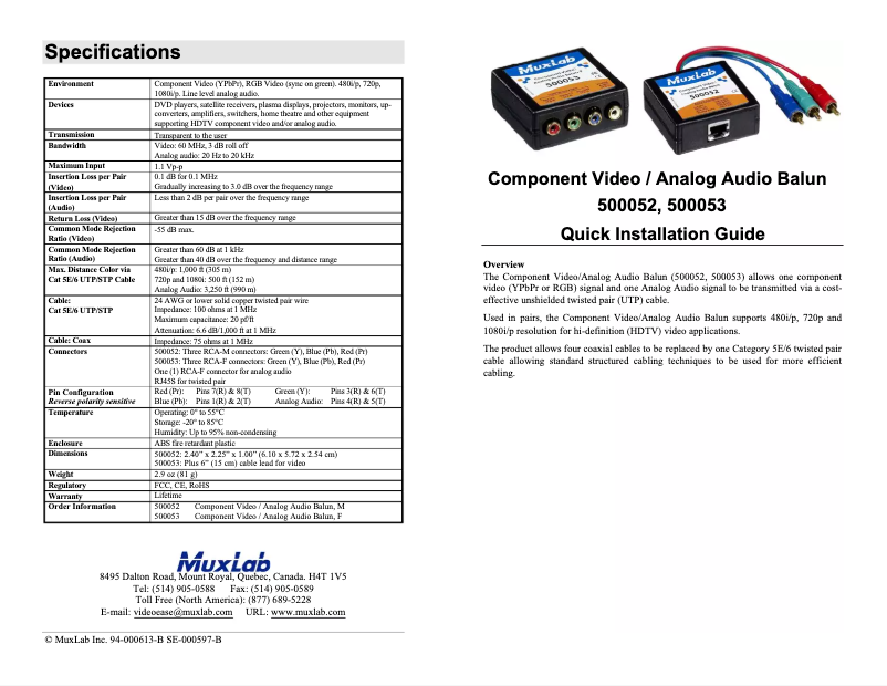 Page 1 of the manual User Manual MuxLab Component Video/Analog Audio Balun