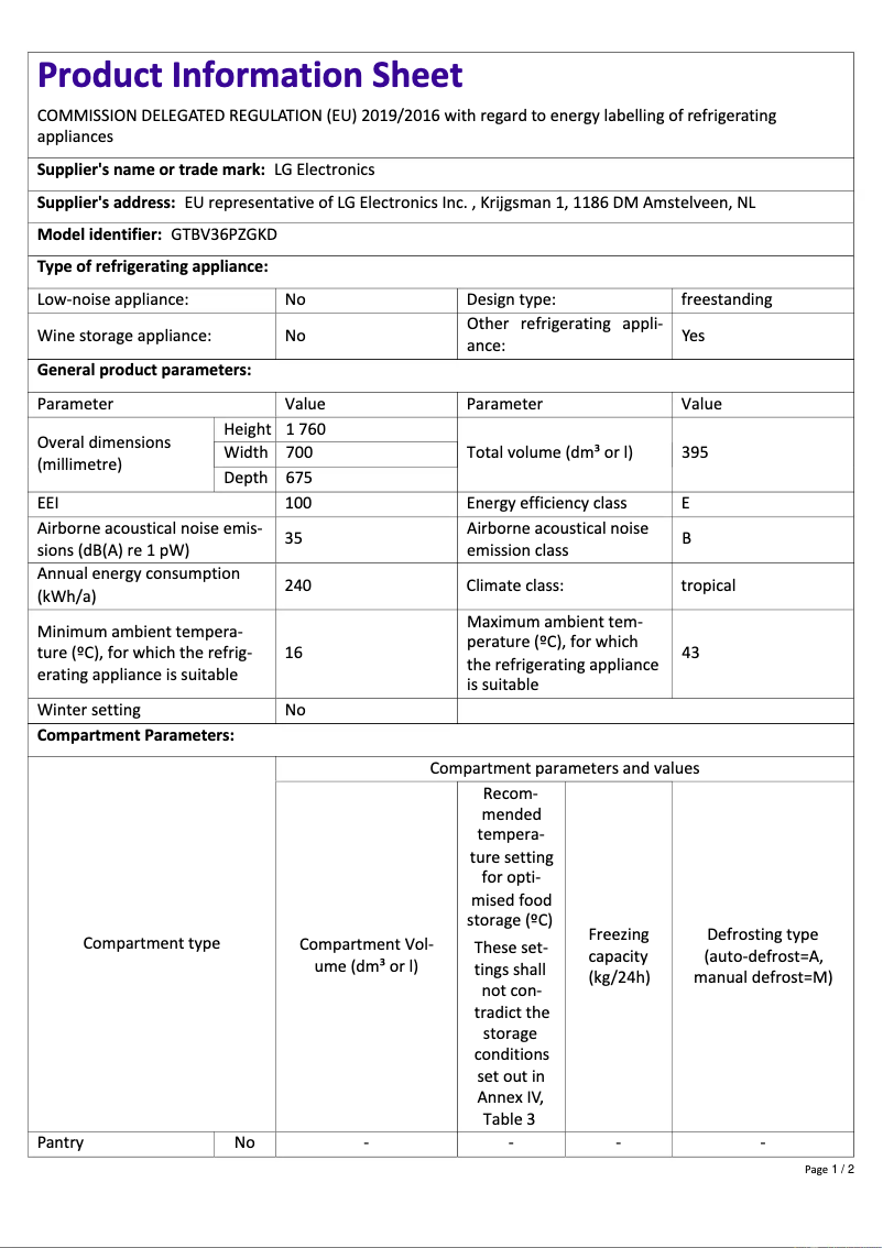 Page 1 de la notice Fiche technique LG GTBV36PZGKD
