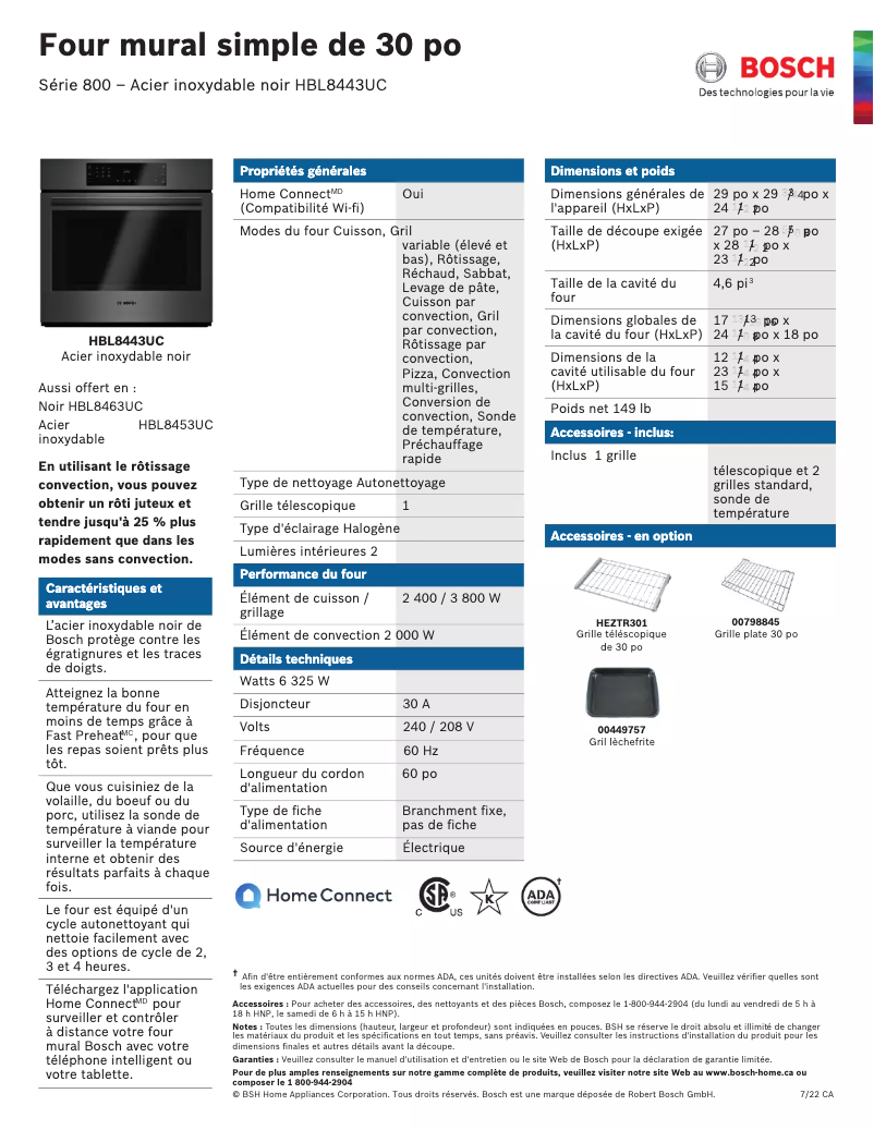 Page 1 of the manual Technical Sheet Bosch HBL8443UC