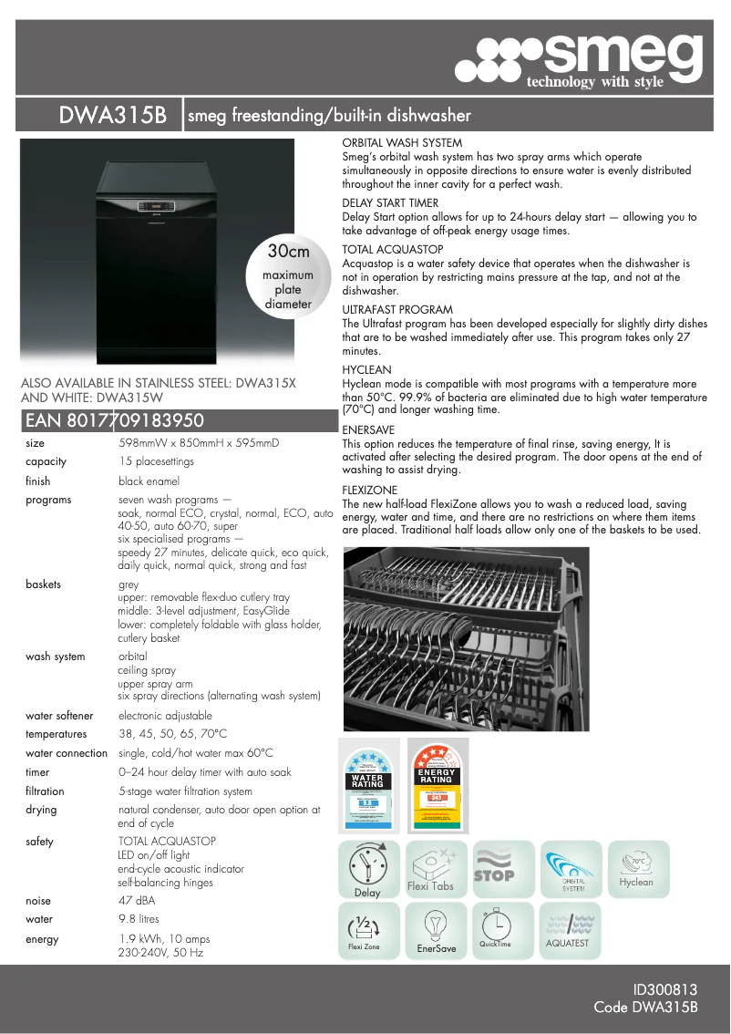 Página 1 del manual Ficha técnica Smeg DWA315B