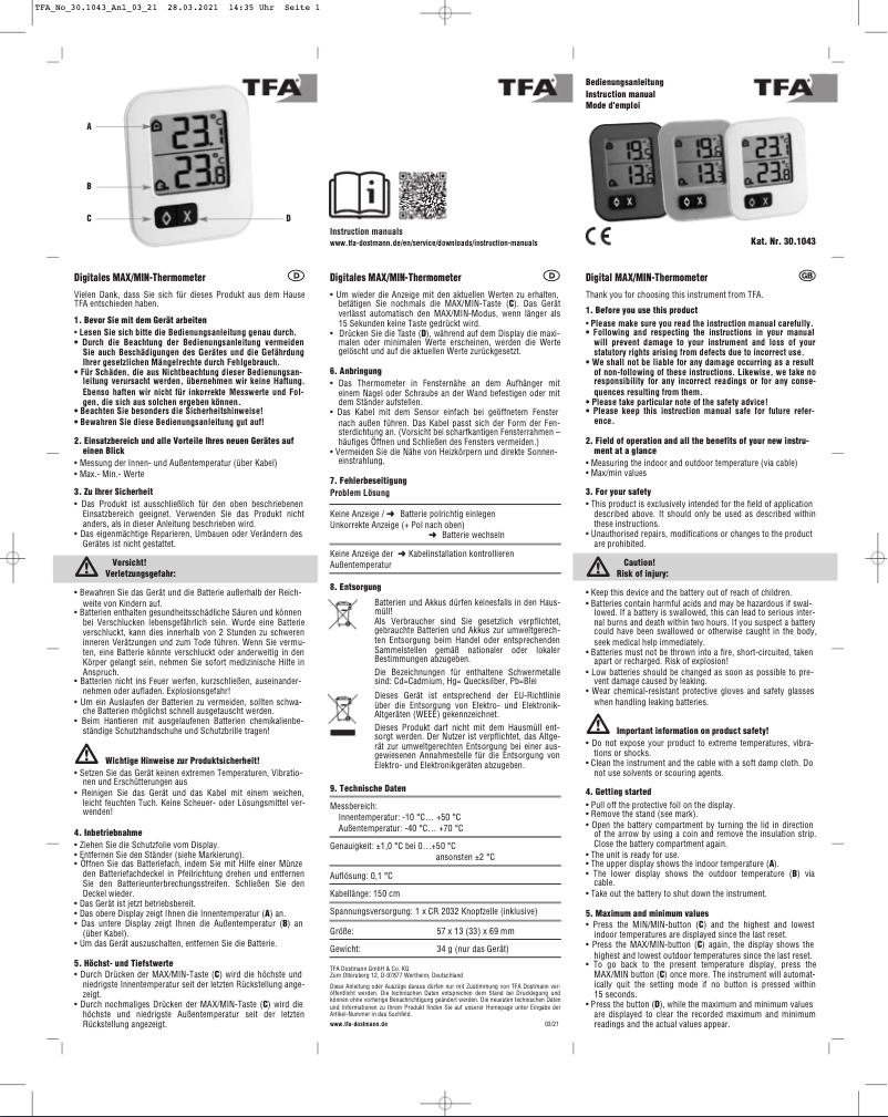 Page 1 de la notice Manuel utilisateur TFA 30.1043.02