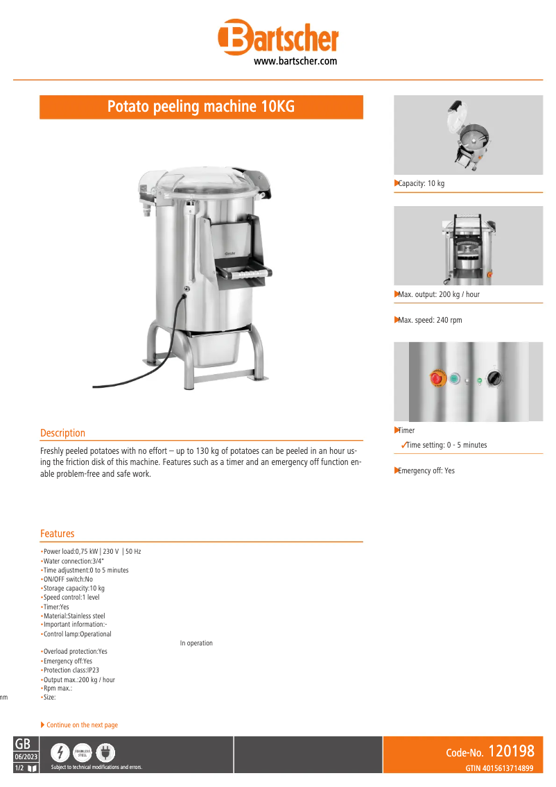 Page 1 de la notice Fiche technique Bartscher 120198