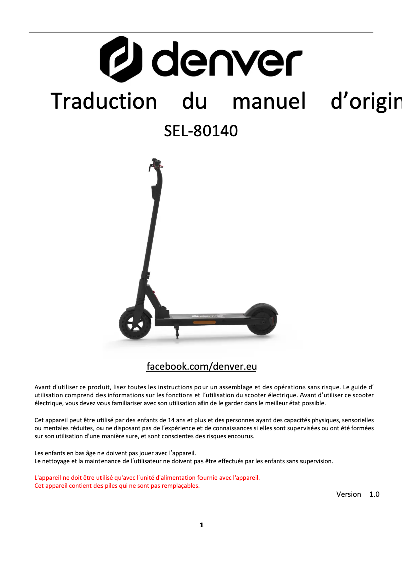 Page 1 de la notice Manuel utilisateur Denver SEL-80140