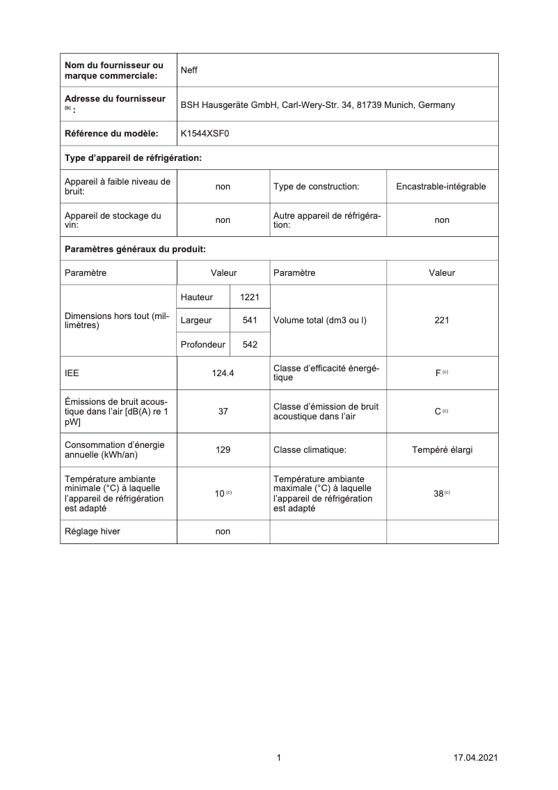 Page 1 de la notice Label énergétique Neff K1544XSF0