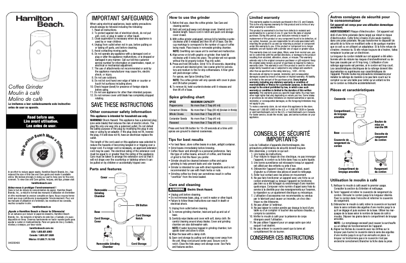 Page 1 de la notice Mode d'emploi Hamilton Beach 80350