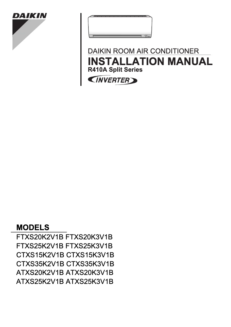 Page 1 of the manual Installation Guide Daikin FTXS20K2V1B