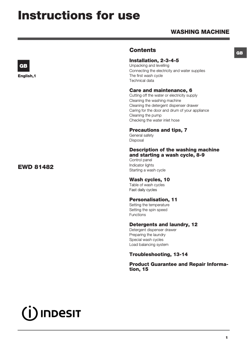 Page n°1 - Manuel utilisateur Indesit EWD 81482 W UK