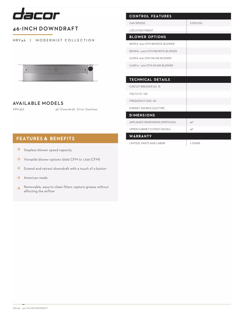 Page 1 de la notice Fiche technique Dacor HRV46S