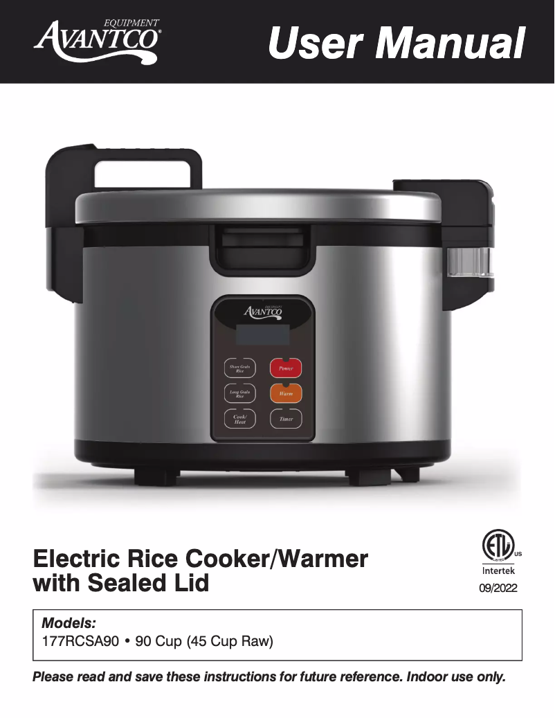 Page 1 de la notice Manuel utilisateur Avantco RW92