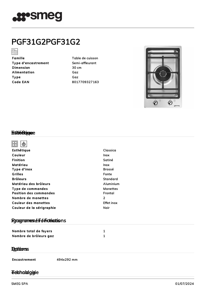 Página 1 del manual Ficha técnica Smeg PGF31G2