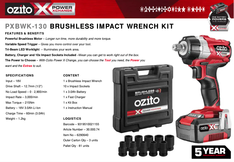 Page 1 de la notice Fiche technique Ozito PXBWK-130