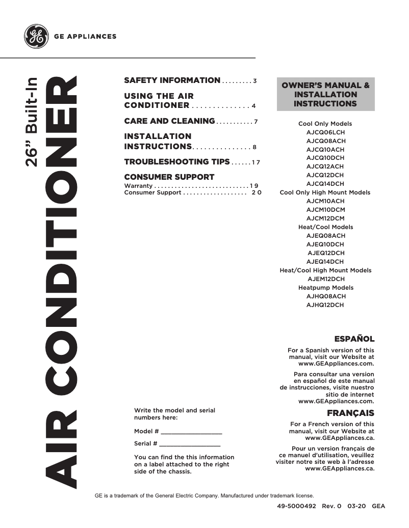 Página 1 del manual Guía de instalación GE AJCM08ACH