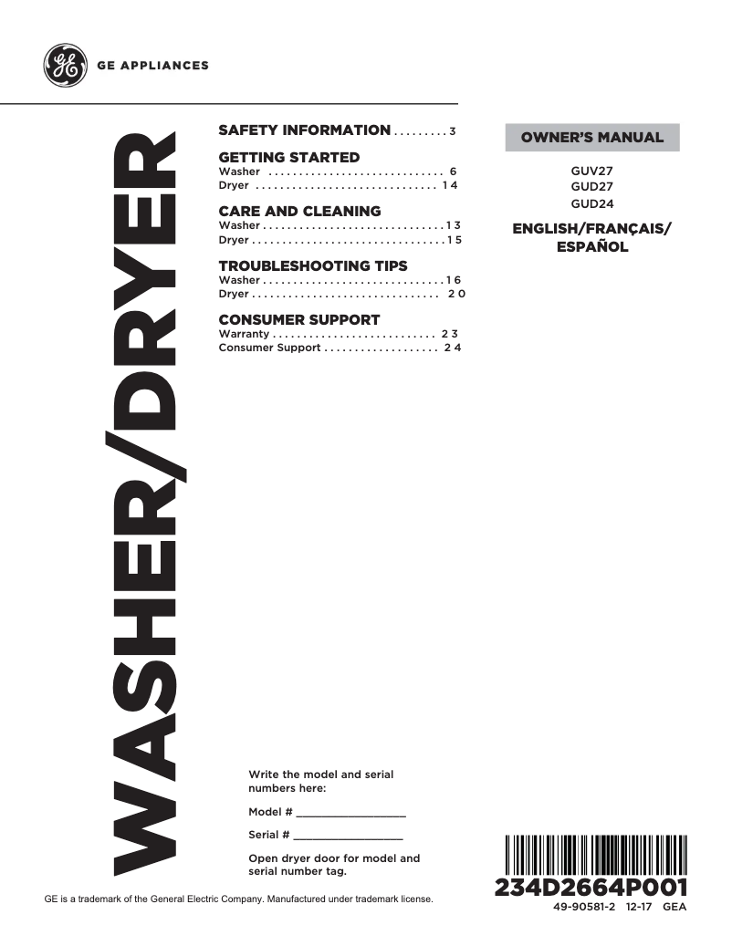 Página 1 del manual Manual de uso y mantenimiento GE GUD24ESSMWW