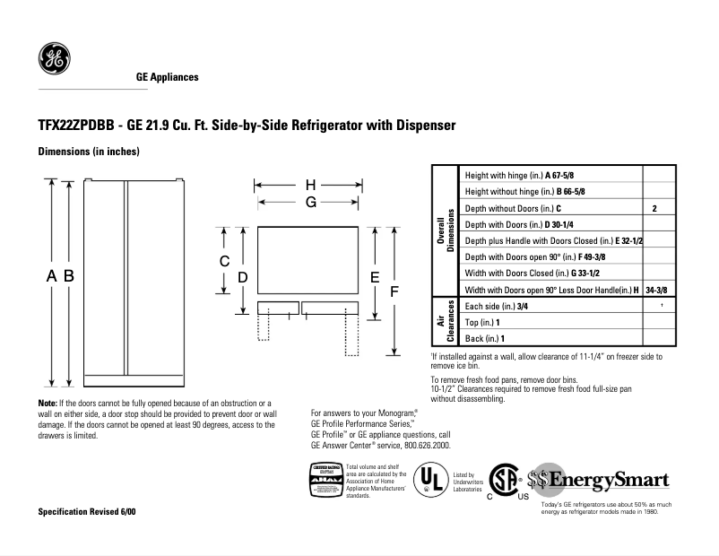 Page 1 of the manual Technical Sheet GE TFX22ZPDBB