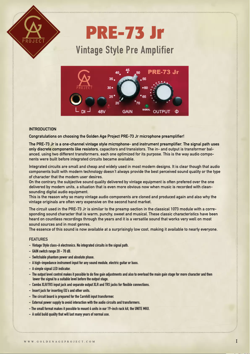 Page 1 de la notice Manuel utilisateur Golden Age Project PRE-73 JR