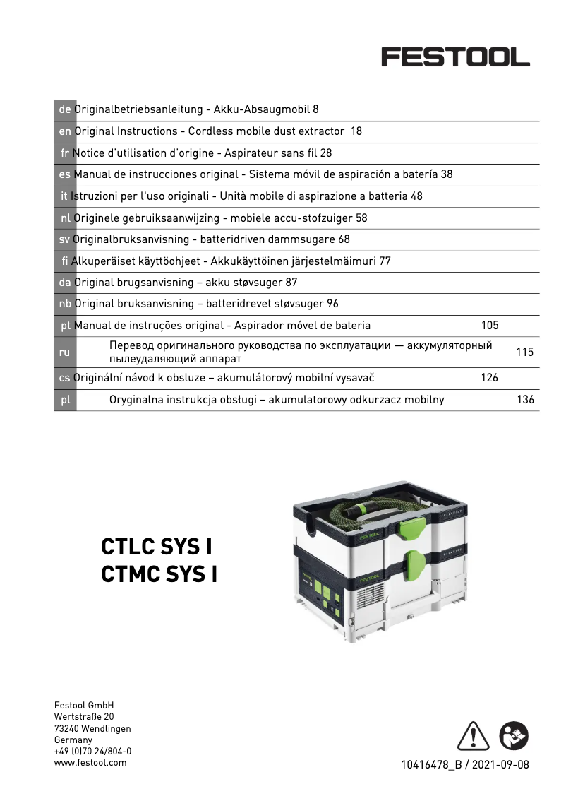 Page 1 of the manual User Manual Festool CLEANTEC CTLC SYS I
