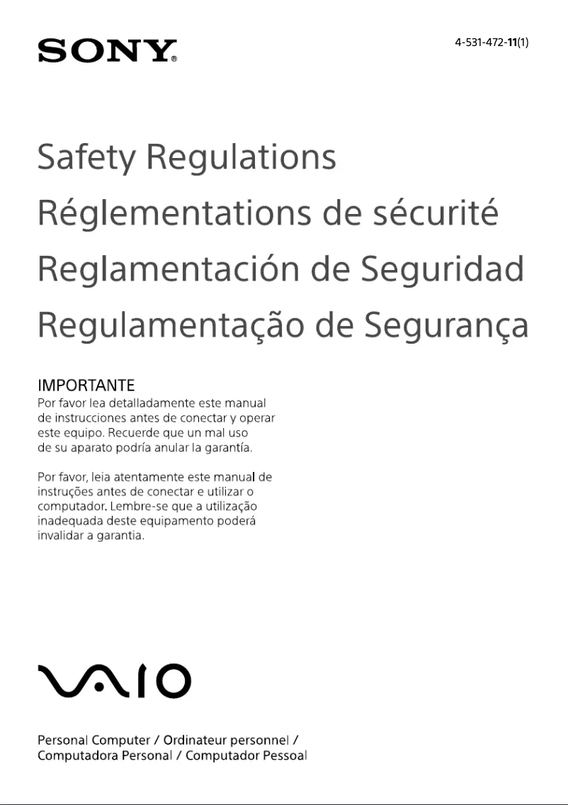 Page 1 de la notice Instructions de sécurité Sony Vaio Fit 15 SVF153290S