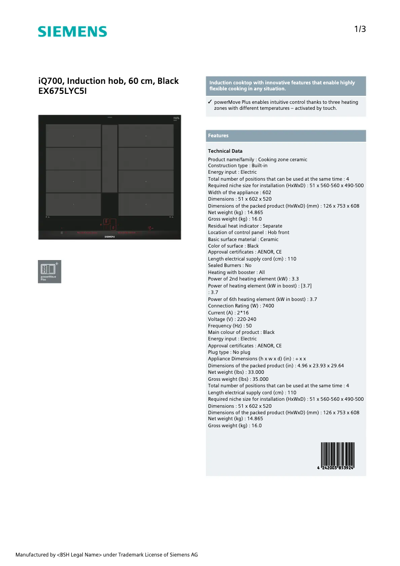 Page 1 de la notice Fiche technique Siemens EX675LYC5I