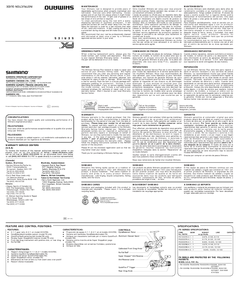 Page 1 de la notice Manuel utilisateur Shimano FX 2000RA