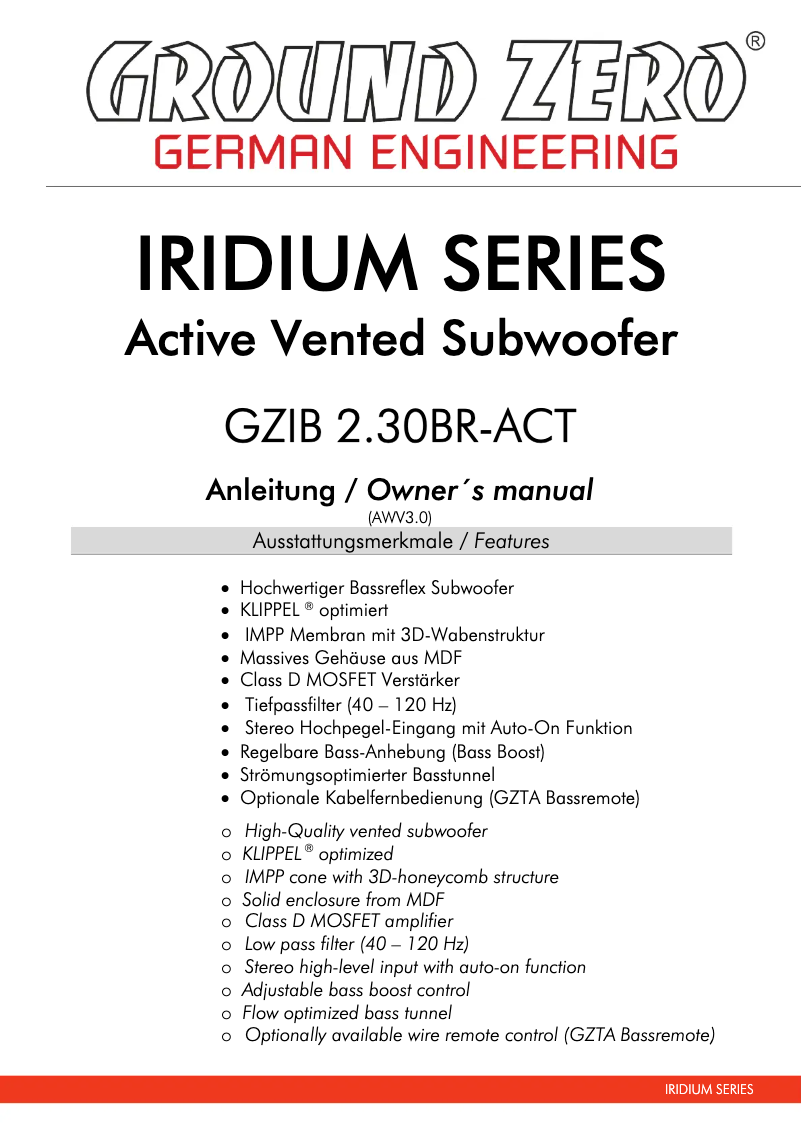 Page 1 de la notice Manuel utilisateur Ground Zero IRIDIUM  GZIB 2.30BR-ACT