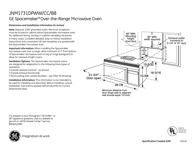 Página 1 del manual Ficha técnica GE JNM1731DPCC