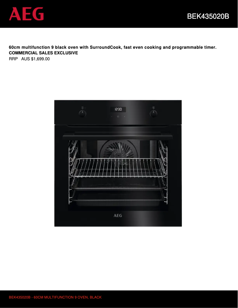 Page 1 de la notice Fiche technique AEG BEK435020B