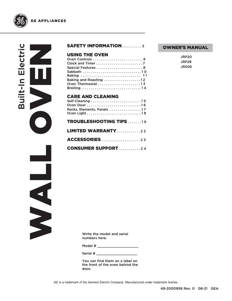 Page n°1 - Manuel d'utilisation et d'entretien GE JRS06SKSS