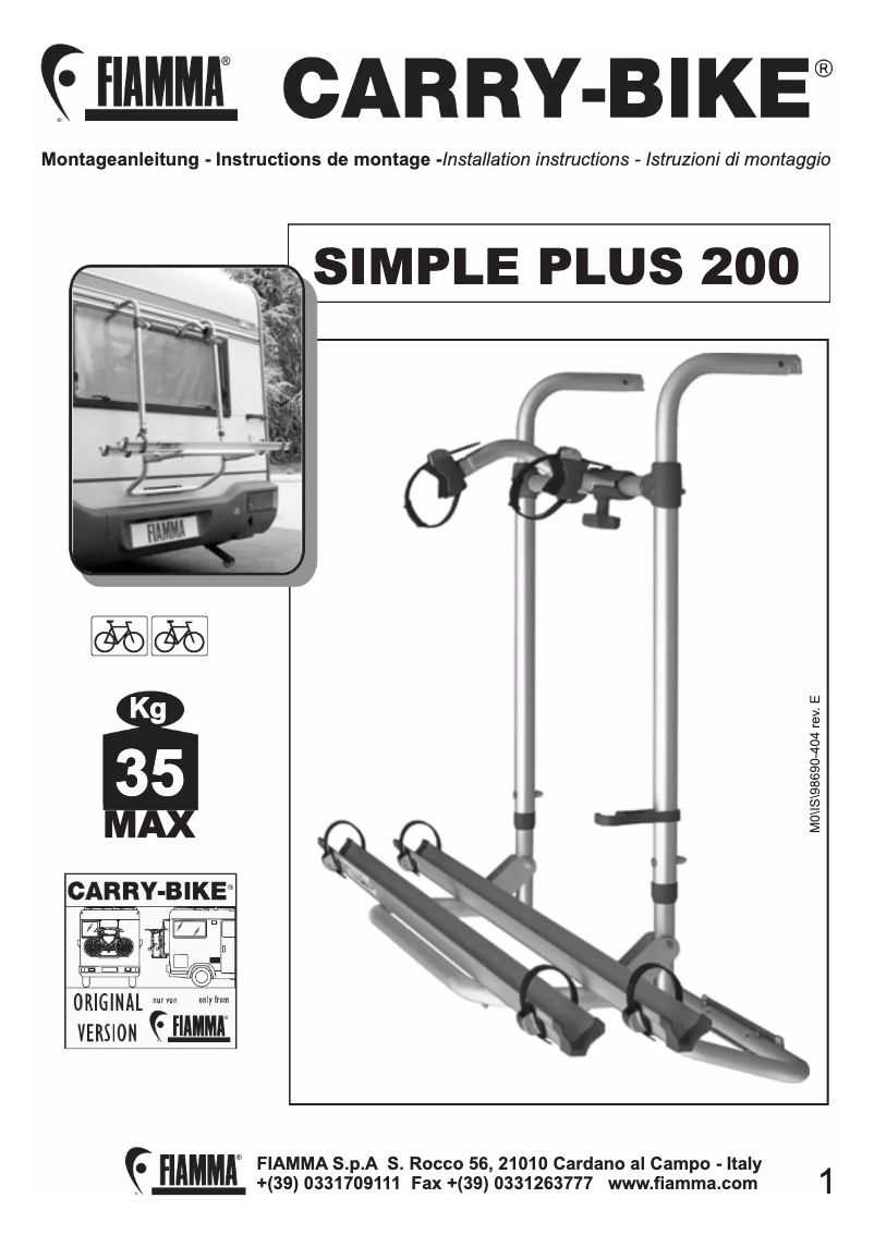 Page 1 de la notice Manuel utilisateur Fiamma Carry-Bike Simple Plus 200