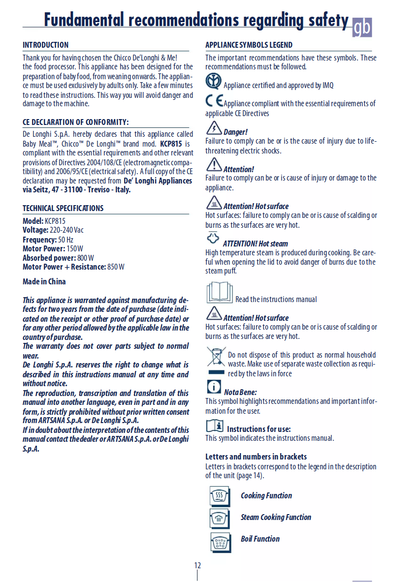 Page 1 de la notice Manuel utilisateur DeLonghi KCP815.BL