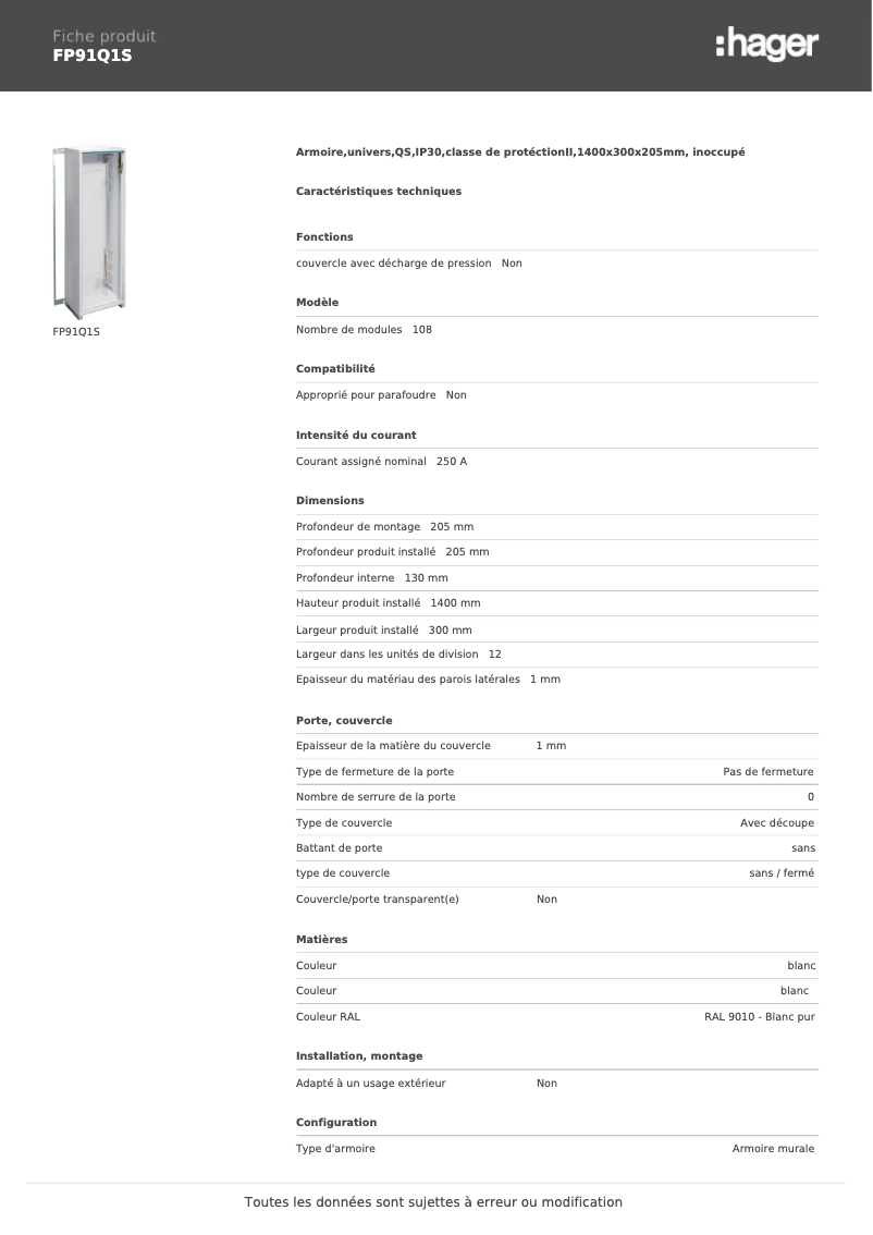 Page 1 of the manual User Manual Hager FP91Q1S