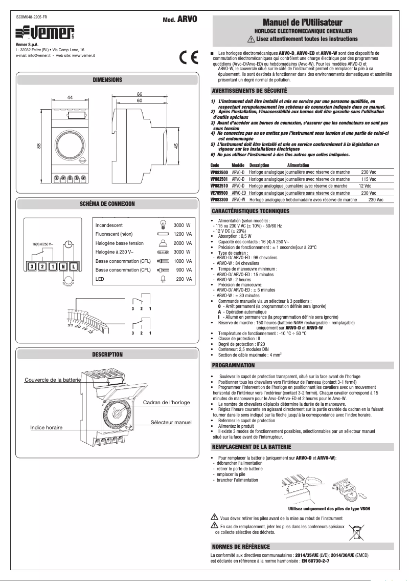 Page 1 de la notice Manuel utilisateur Vemer ARVO-D