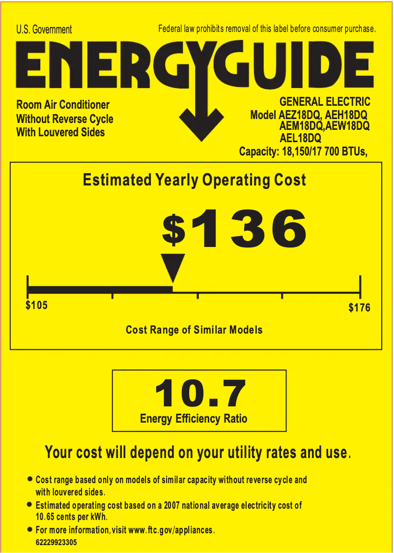 Página 1 del manual Etiqueta energética GE AEW18DQ
