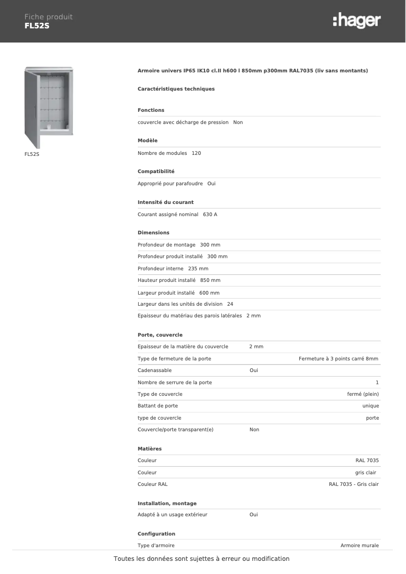 Page 1 de la notice Fiche technique Hager FL52S