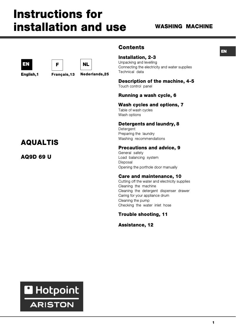 Page 1 de la notice Manuel utilisateur Hotpoint Ariston AQ9D69UEUVWA