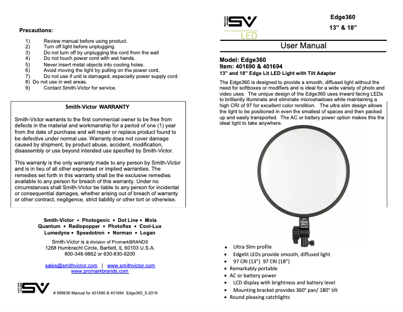 Page 1 de la notice Manuel utilisateur Smith-Victor Edge360