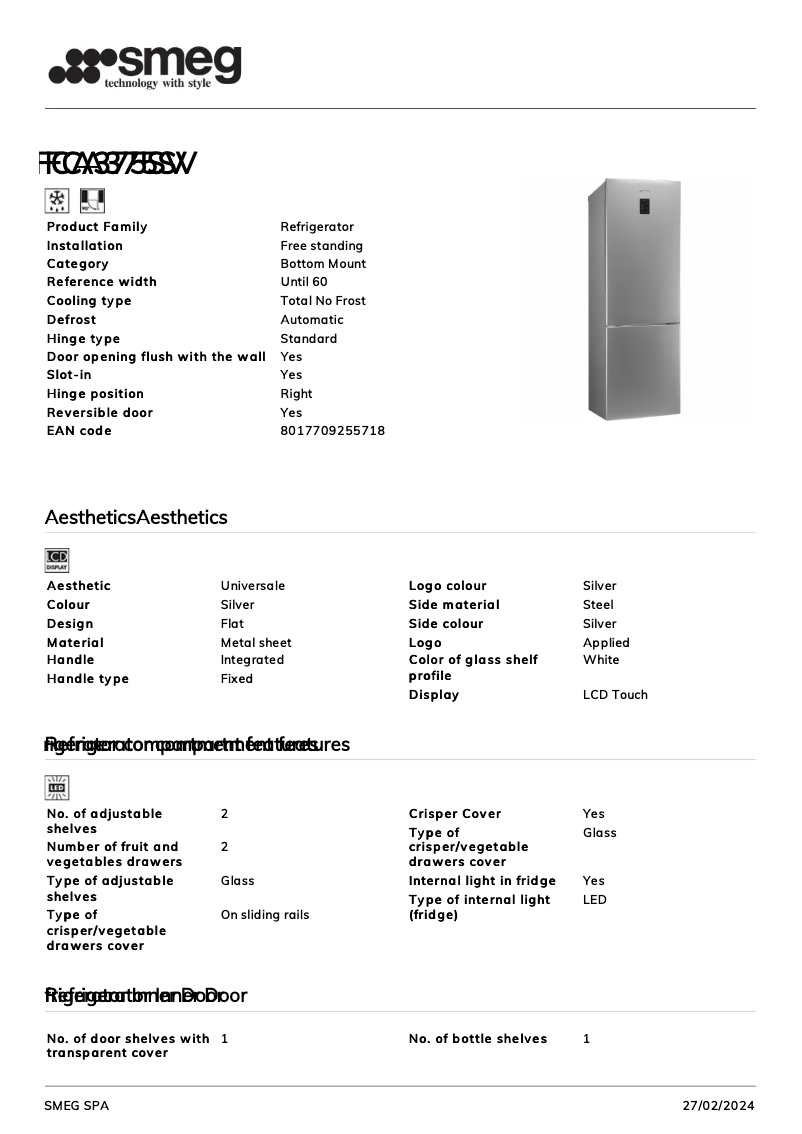 Page 1 de la notice Fiche technique Smeg FCA375SV