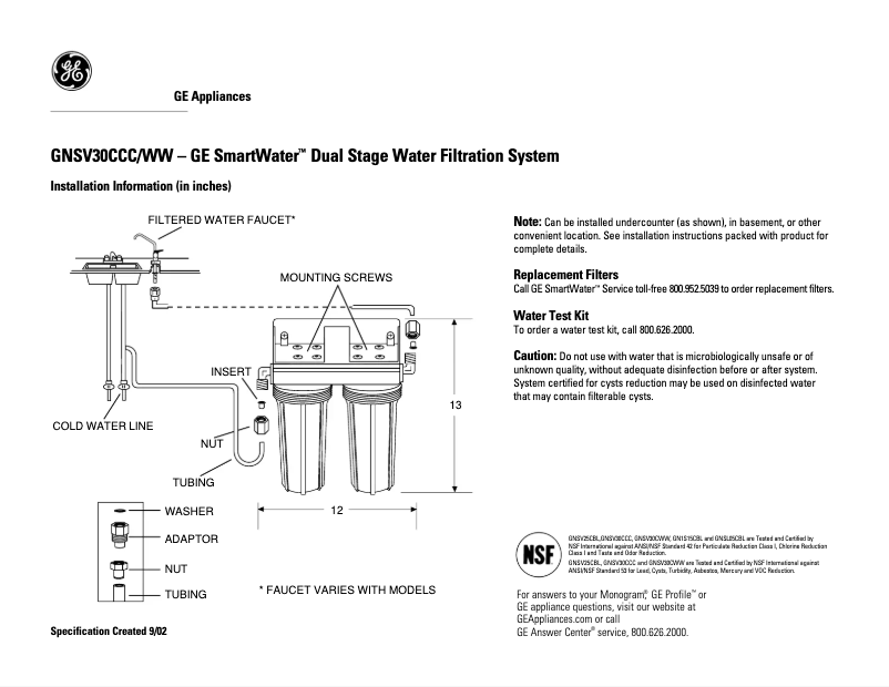 Page 1 of the manual Technical Sheet GE GNSV30CWW