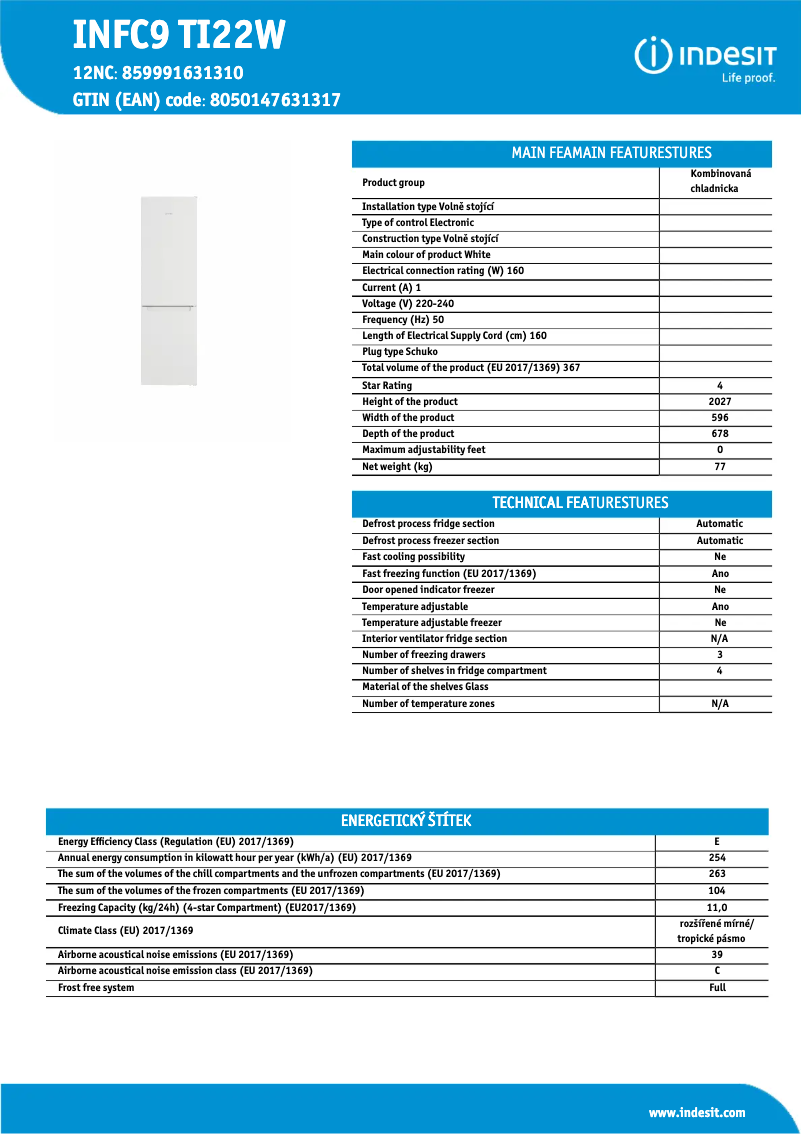 Página 1 del manual Ficha técnica Indesit INFC9 TI22W