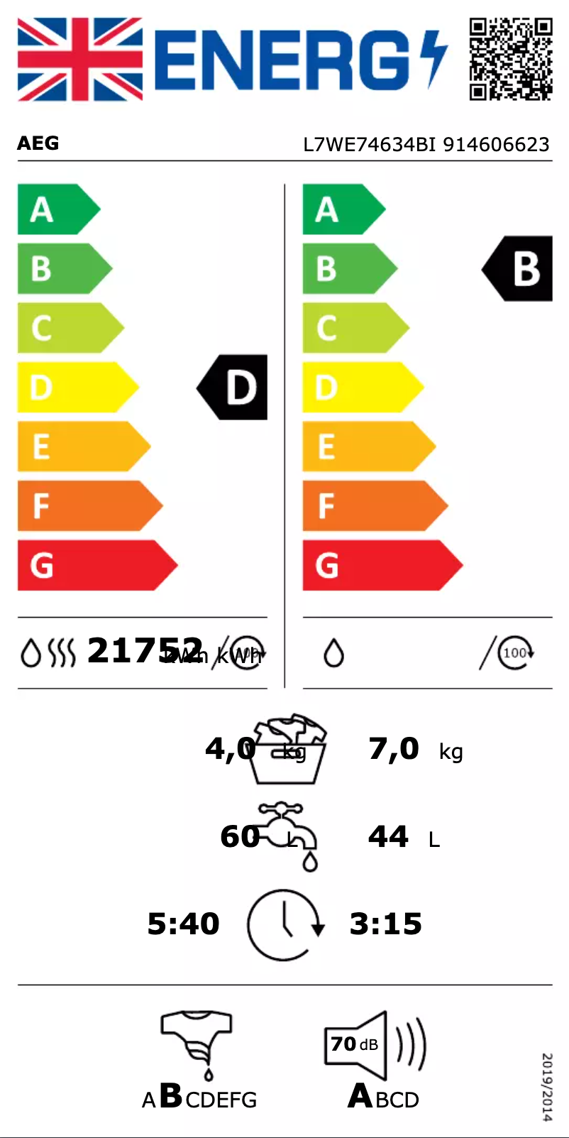 Page 1 de la notice Label énergétique AEG L7WE74634BI