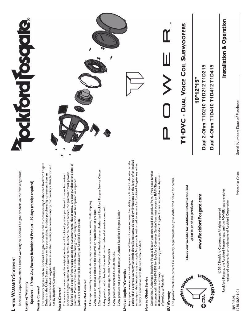 Page 1 de la notice Manuel d'utilisation et d'entretien Rockford Fosgate Power T1D415