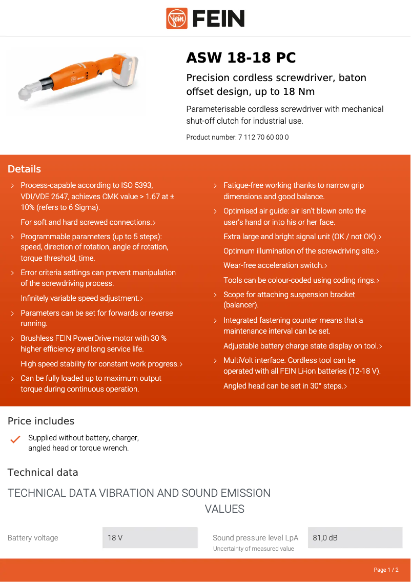 Page 1 de la notice Fiche technique Fein ASW 18-18 PC