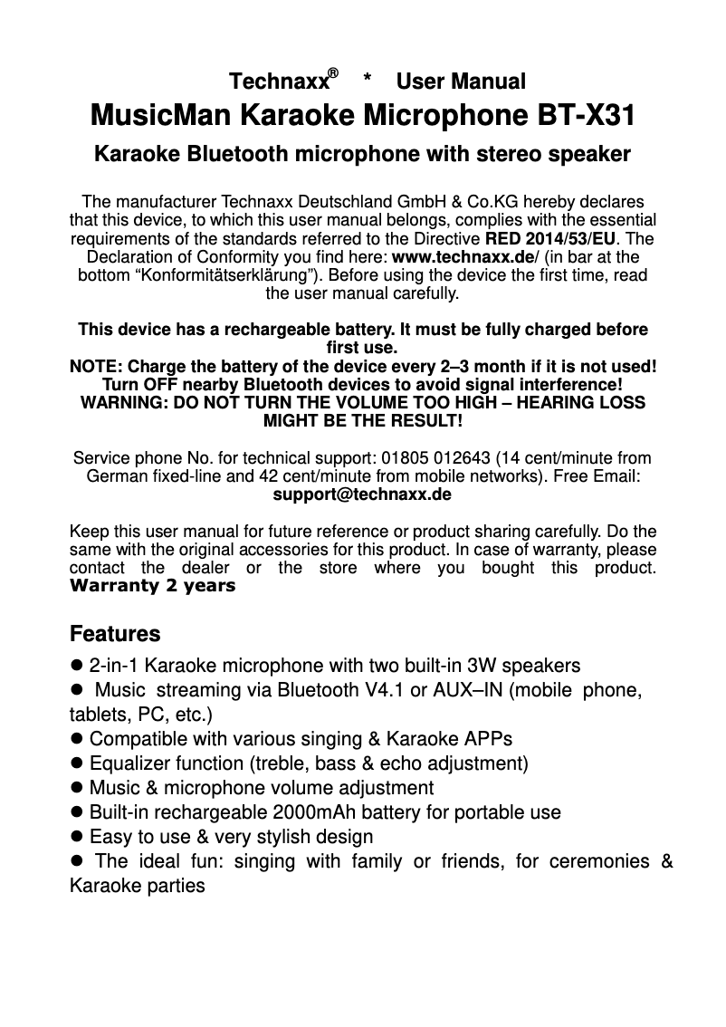 Page 1 de la notice Manuel utilisateur Technaxx MusicMan Karaoke BT-X31