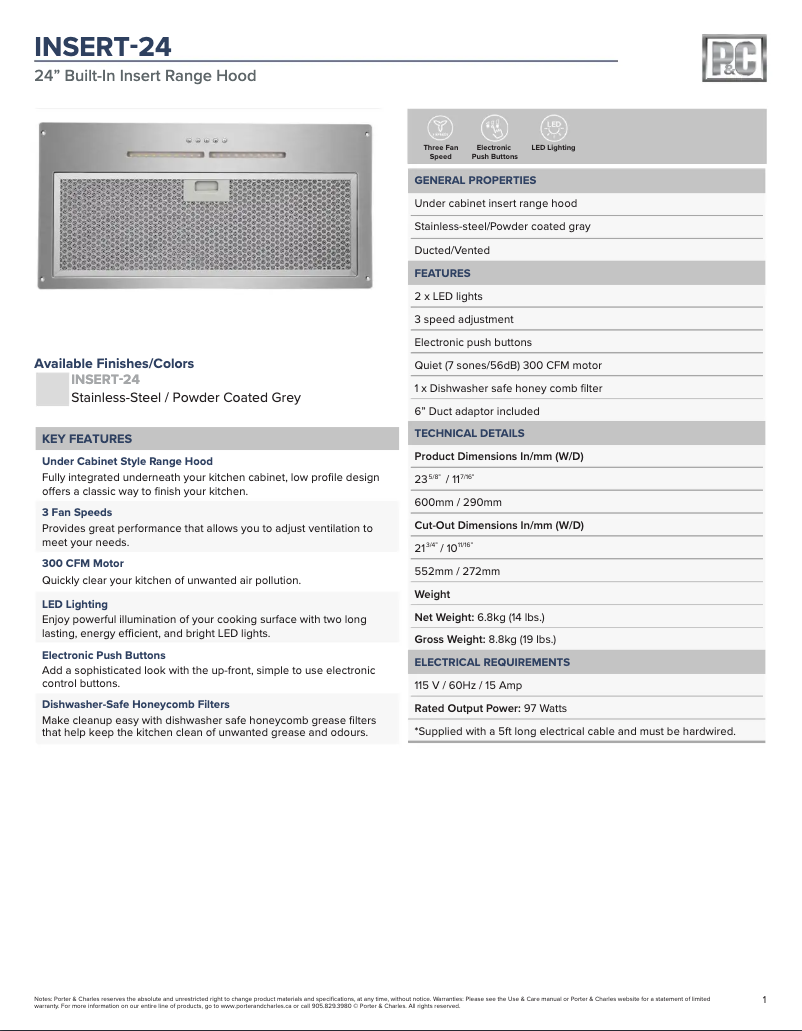 Page 1 de la notice Fiche technique Porter & Charles INSERT-24