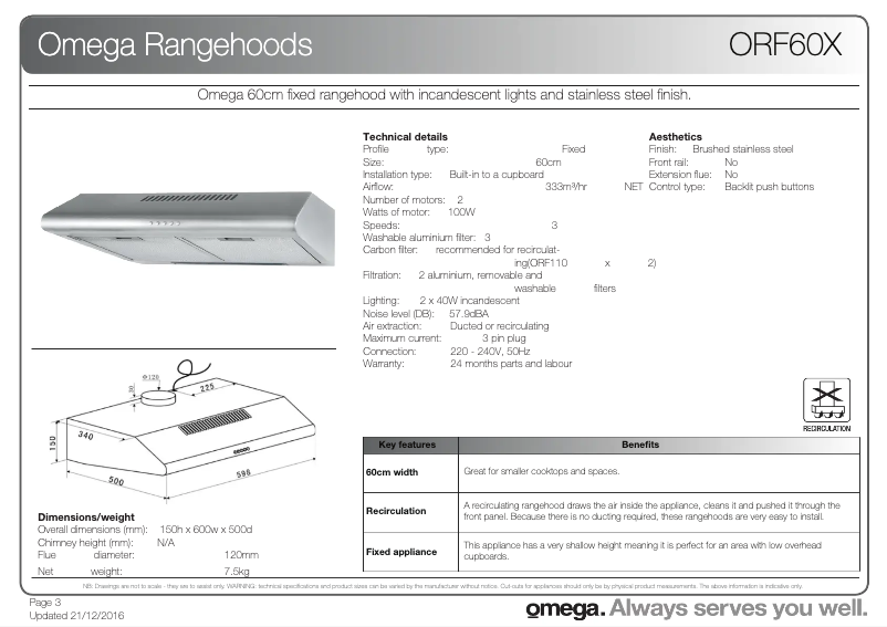 Page 1 de la notice Fiche technique Omega ORF60X