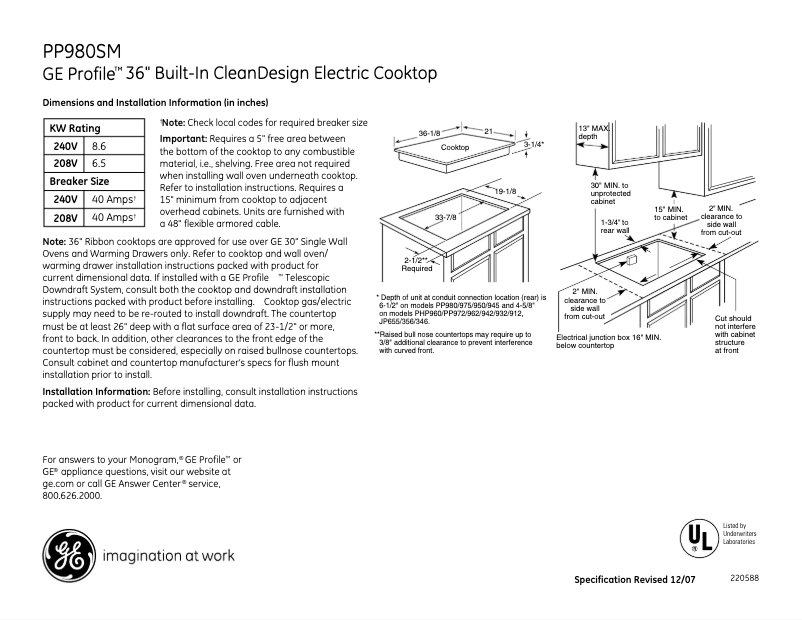 Página 1 del manual Ficha técnica GE Profile PP980SMSS
