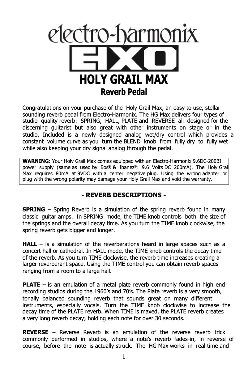 Page 1 de la notice Manuel utilisateur Electro Harmonix Holy Grail Max