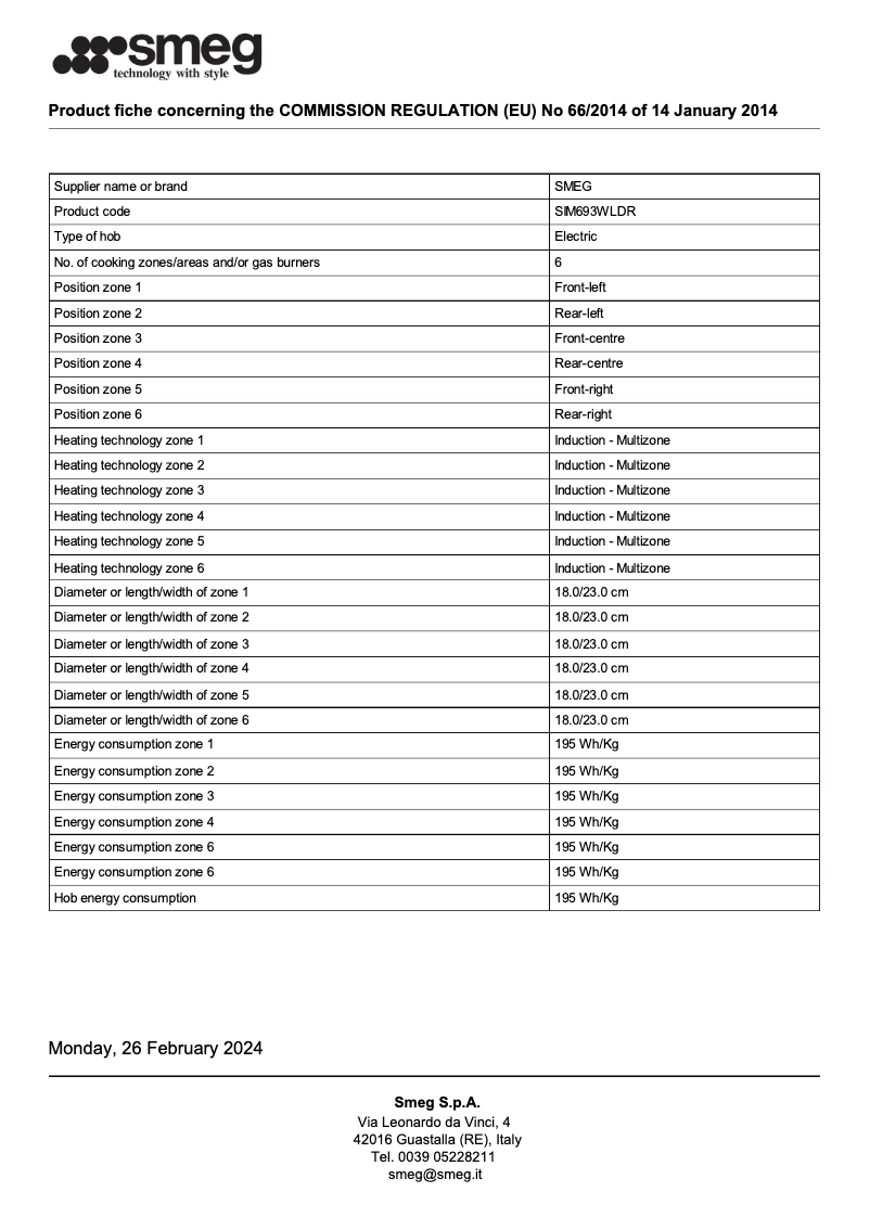 Page 1 de la notice Fiche technique Smeg SIM693WLDR