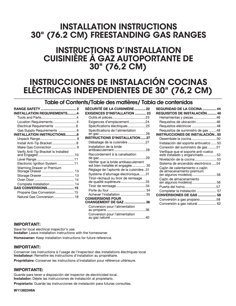Page 1 de la notice Guide d'installation Whirlpool WFG525S0JV
