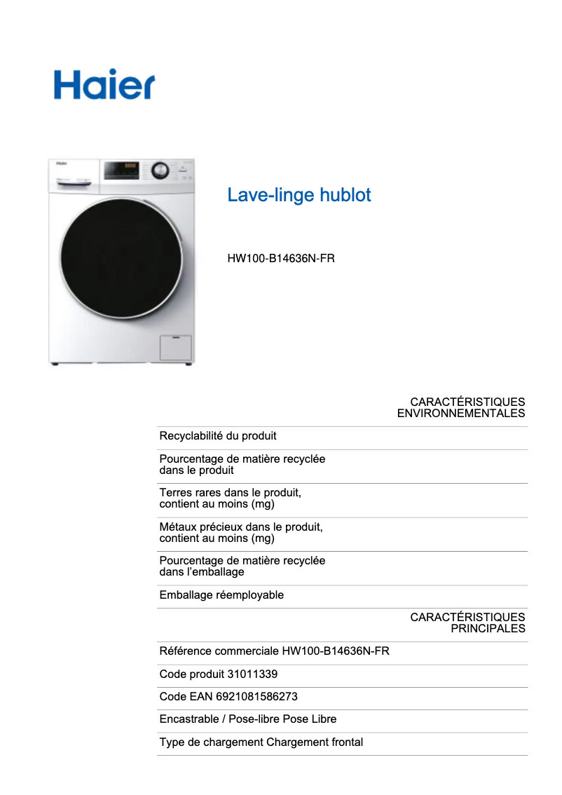 Página 1 del manual Etiqueta energética Haier HW100-B14636N